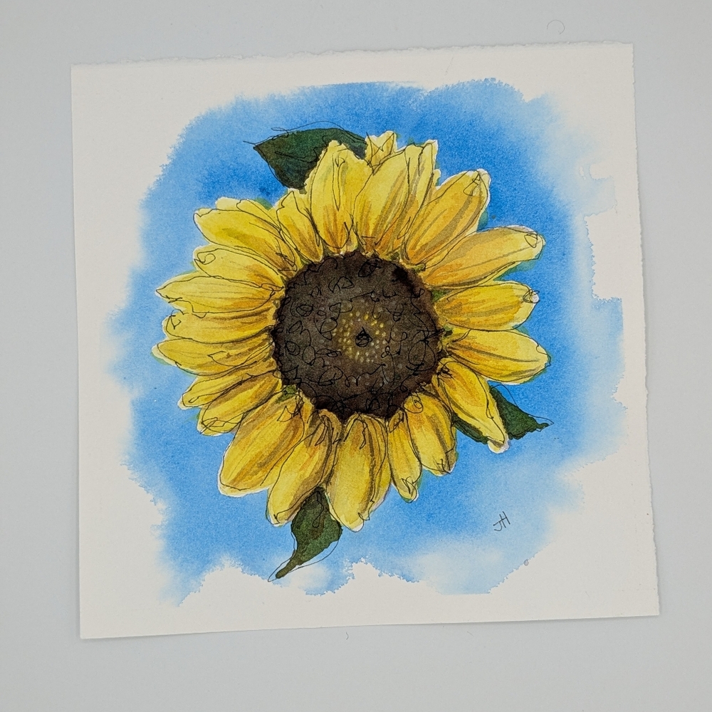 Sunflower Watercolour Painting with Blue Background